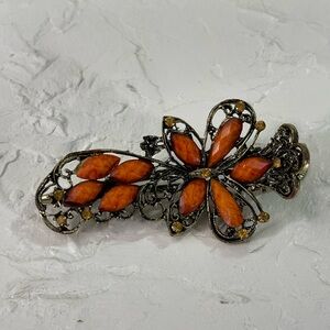 NWT Women's Flower Burnt Orange Metal & Rhinestones Hair Clip/Barrette